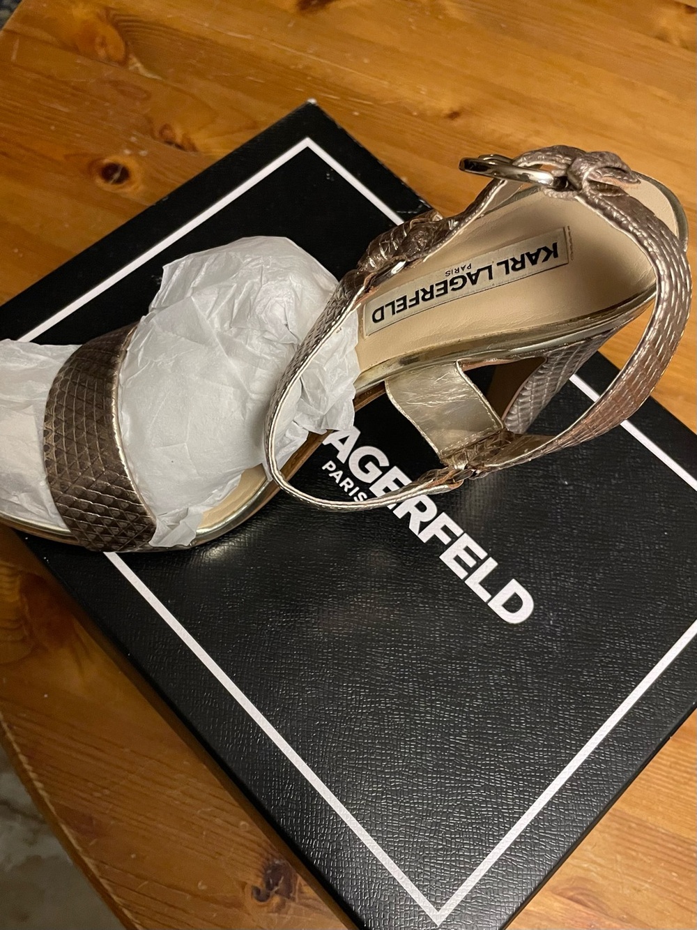 Karl Lagerfeld Metallic Bronze Textured Ankle-Strap Heels